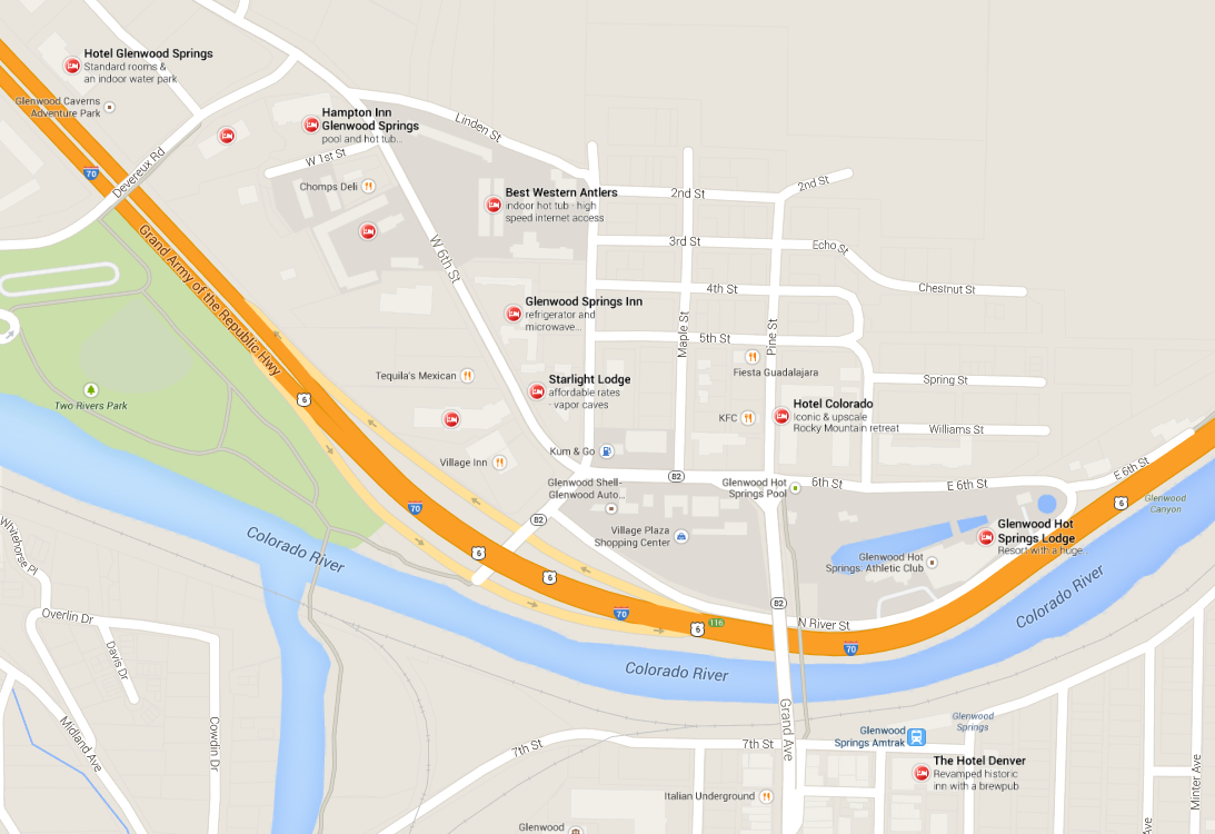 Except for Hotel Denver, the hotels are all across the river from the town.